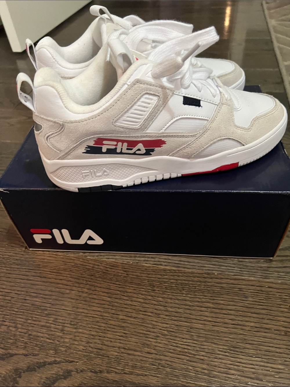 White Fila Sneakers with Red and Navy Accents